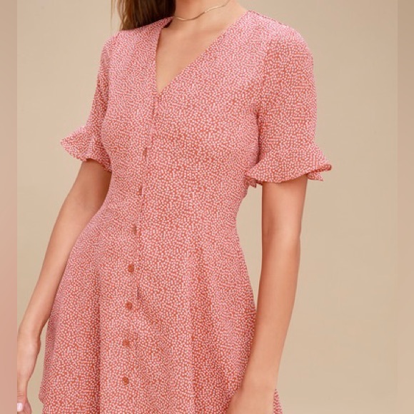 Lulu’s Castana Rust Red Print Button-Up Dress Size Small - Picture 4 of 12